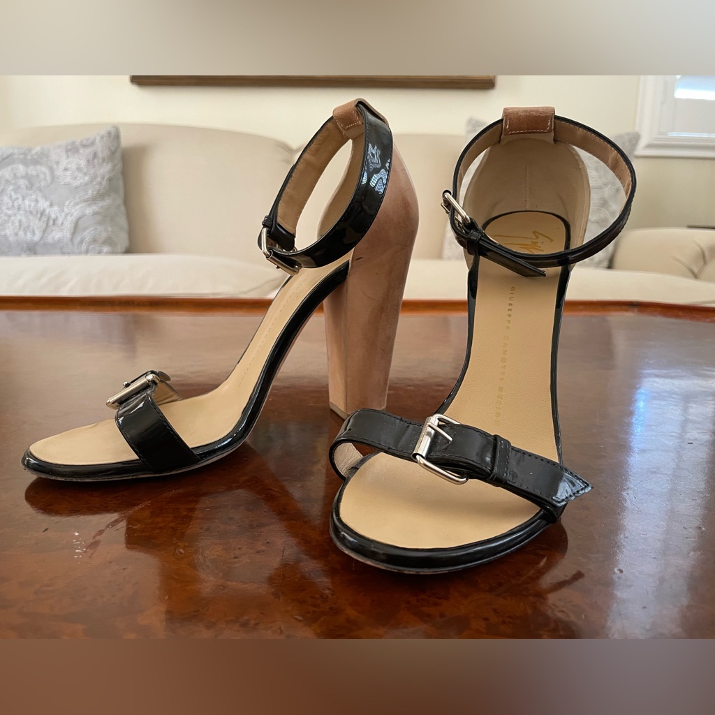 Giuseppe Zanotti Patent & Contrast Leather Heel Sandals In Black & Tan Size 38